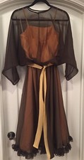 Vtg Womens Layered Brown & Peach Sheer Unbrand Dress W/Reverse able Belt Size 10