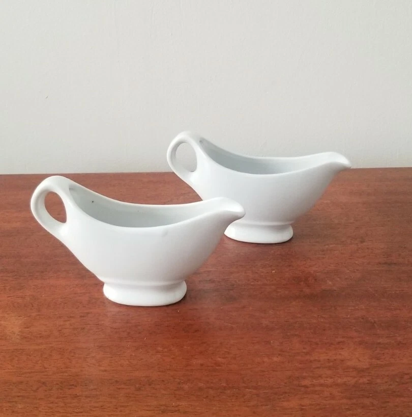 Pair Of White Ceramic Gravy Boats, Oil & Vinegar Genie Lamp Shaped Vessels 4 oz