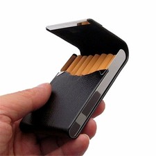 Stainless steel BLACK Faux Leather Cigarette Case Holder Pocket Box - 8104