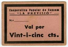 ☆ SPAIN CIVIL WAR 1937 • COOPERATIVA POPULAR PREVISIO 25c ☆ GUERRA ESPAÑA ☆C5178