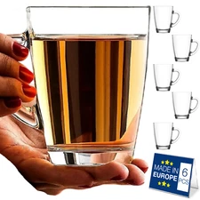 LAV Clear Coffee Tea Glass Mugs Set for 6 with Handle, 8.5 Oz (250cc)