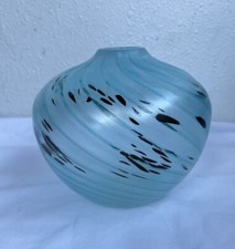 Signed Handblown Glass Vase Blue Black Ocean Handmade