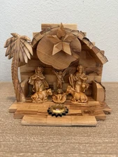 Bethlehem Olive Wood Nativity Music Box Plays “Silent Night” Ceramic Figures