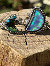 ✨Two crescent moon rings! Sterling Silver, Aurora Opal & Glass. Size O & N✨