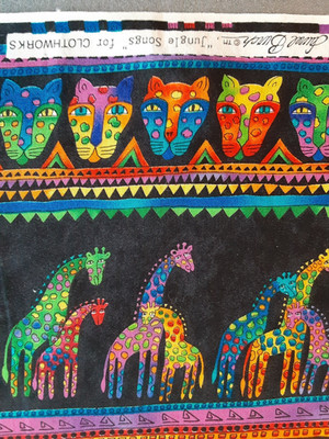 Jungle Songs Laurel Burch Horiz stripe - shy HY Cats, giraffes, more animals VTG
