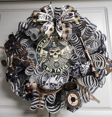 Pirate Themed Wreath- Dead Men Tell No Tales - Black & White - 20 Inches