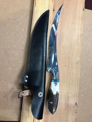 Custom Hunting & Fillet Knife   Handcrafted Steel Blade, Stag Grip+Sheath.HFS016