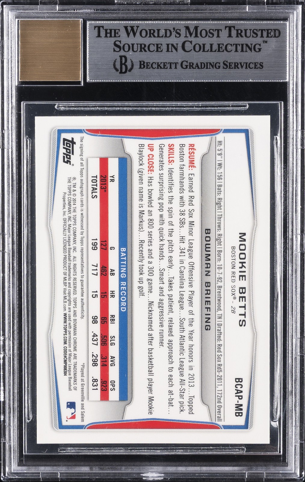 2014 BOWMAN CHROME PROSPECT AUTO #BCAP-MB MOOKIE BETTS BGS 9 AUTO 10 view 2