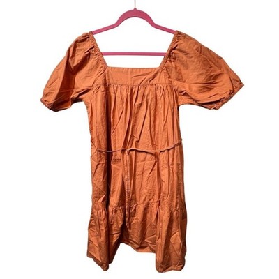 Mango MNG Burnt Orange Cotton Puff Sleeve Tiered Mini Dress Size 4 S