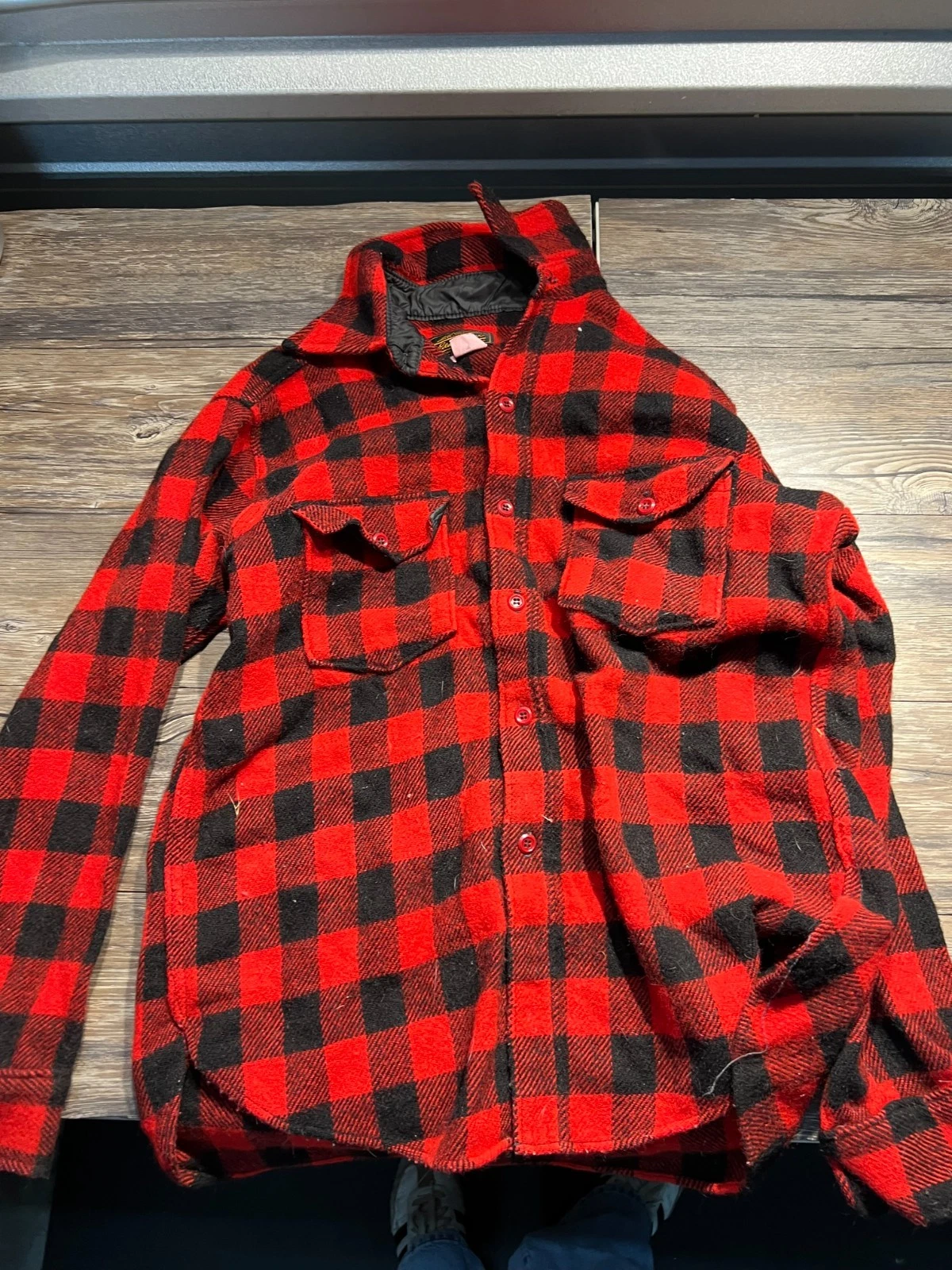 Eddie Bauer Flannel Shirt Men Large Red Black Plaid Button Front wool vintage