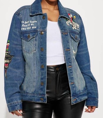 Ed Hardy Women's Big Flame Skull Denim Jean Jacket Blue Sz L NWT