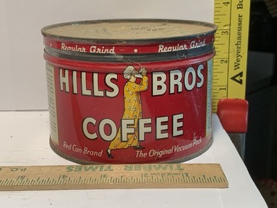 ''NICE'' 1950 + HILLS BROS COFFEE 1# KEY WIND RED BRAND TIN CAN W/ORIGINAL LID