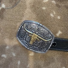 Cintura uomo western nera - lunga 36". Made In USA. Fibbia argento/oro