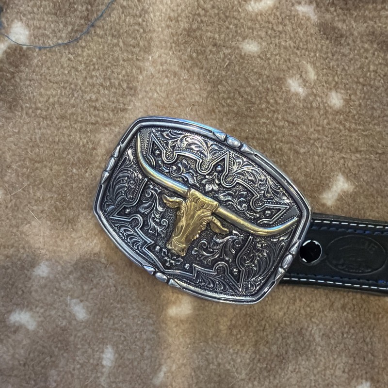 Men’s Black  Western Belt - 36” Long. Made In USA. Silver/Gold Buckle