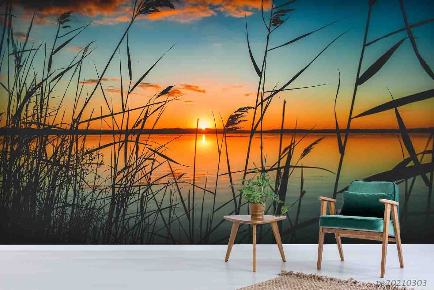 3D Reeds Lake Sunset Landscape Wall Murals Wallpaper Murals Wall Sticker