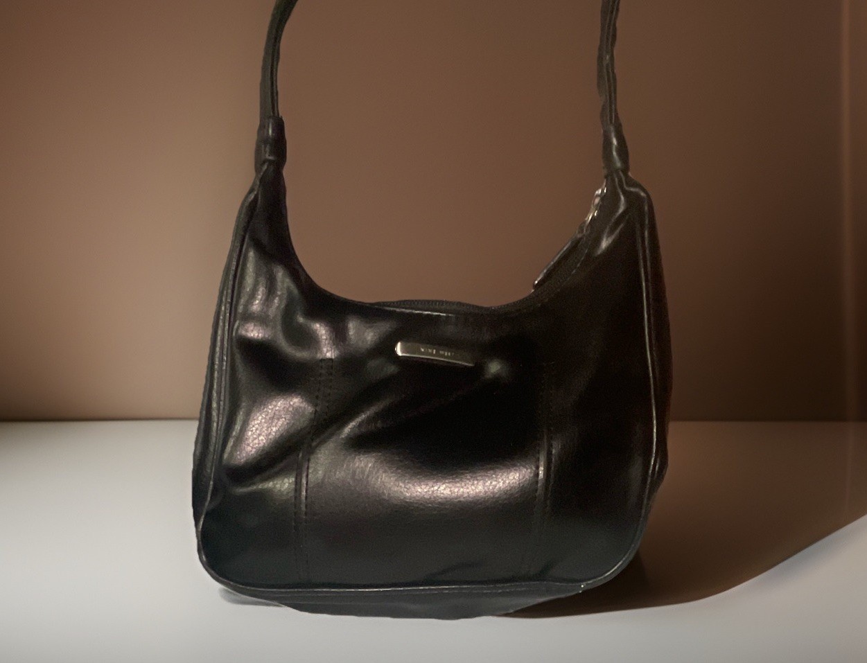 Vintage Nine West Black Faux Leather Mini Shoulder Bag Y2K 90s Hobo Purse