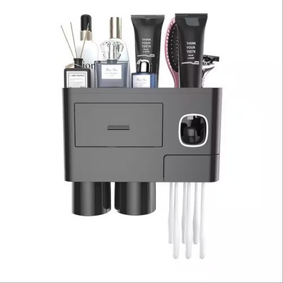 Wudkey 2 Cups Wall Mounted Toothbrush Holder with Toothpaste Dispenser, Black