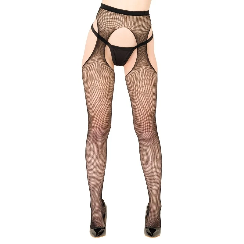 Collant donna sexy calze ragazza a rete in nylon nero coprente cavallo aperto - Immagine 2 di 4