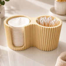 Ribbed Modern Plastic Cotton Pad Swab Holder Set, Freestanding Beige/White