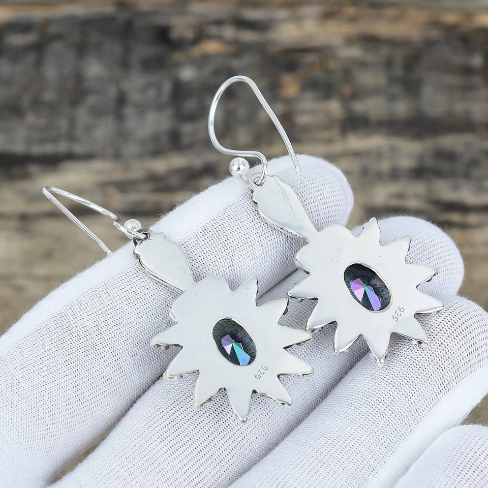 Orecchini In Argento Sterling 925 Con Gemma Topazio Mistico Arcobaleno Per Festa - Immagine 4 di 4