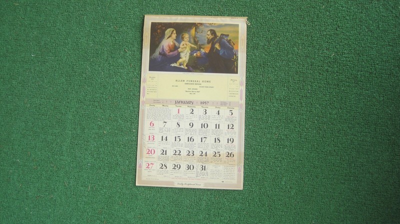 Vintage 1957 Funeral Home Religious Double-Sided Wall Calendar, Peru, Indiana