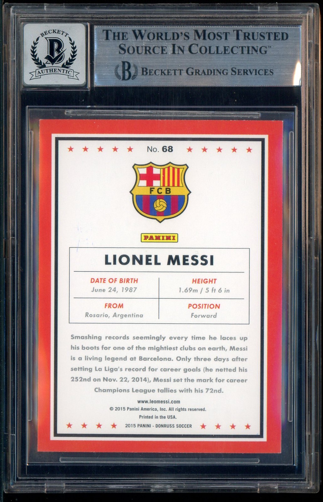 2015 Donruss Lionel Messi Aftermarket Sticker Auto BGS 9 view 2