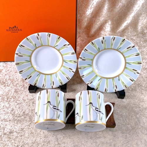 Hermes Demitasse Cup & Saucer Les Matins De L'etang Porcelain 2 Sets With Case - Picture 1 of 16
