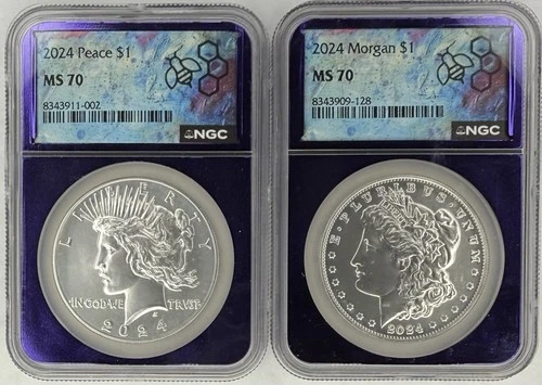 2024 Morgan & Peace Silver Dollar (2 Coin Set) NGC MS70 ‼️WOW - PURPLE CORE‼️