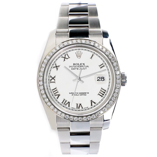 Rolex Datejust 36MM White Roman Dial Watch with Custom VS1 Diamond Bezel 116200