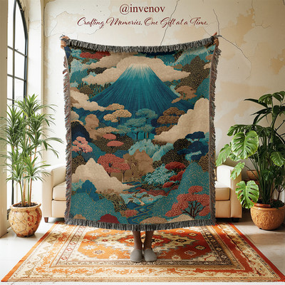 Mount Fuji Cotton Woven Blanket, Japanese Landscape Tapestry Throw