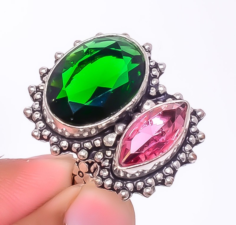 Emerald Quartz, Amethyst (Lab-Created) Gemstone 925 Silver Plated Ring s.8 TR7-1