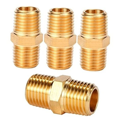 4 pcs Solid Brass Pipe Fitting, Hex Nipple, 1/4" x 1/4" NPT Male Pipe Adapter 