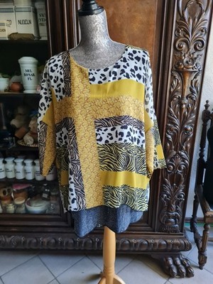 Bluse Tunika 44 Maße s Text Pailletten mehrlagig weiß schwarz gelb Leopardenlook