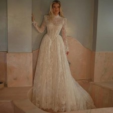 A-Line Princess Wedding Dresses Long Sleeve High Neck Bridal Gowns Sweep Train
