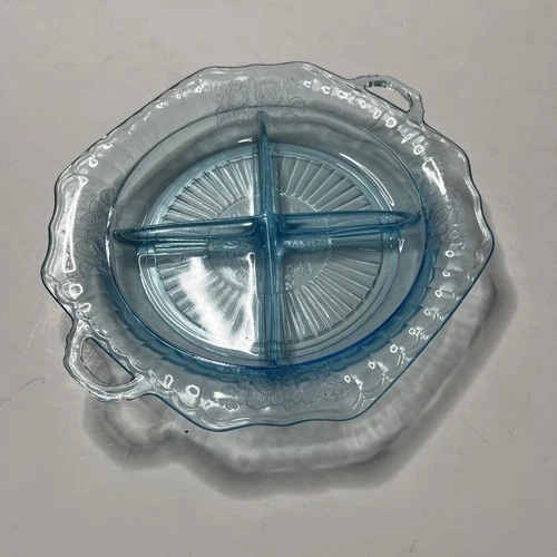 Anchor Hocking Mayfair Open Rose Blue Depression Glass Four Part 9" Relish Dish