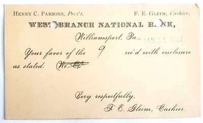 1892 Postcard, F.E. Gleim, Cashier, West Branch National Bank, Williamsport, PA