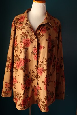 Vintage White Stag Floral Tan Women's Button Up Long Sleeve Cottagecore 22/24W