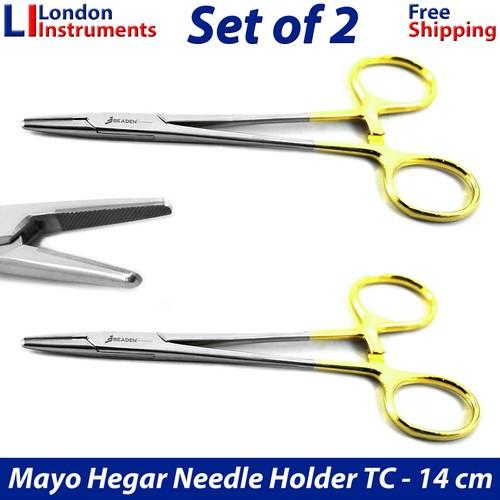 X2 Soporte de aguja Mayo Hegar Pinzas TC 14 cm Instrumentos de sutura quirúrgica dental - Imagen 1 de 8