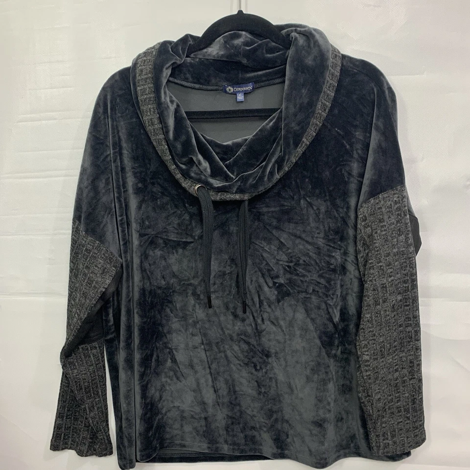 Top Pullover Democracy Mujer Terciopelo Negro Corbata Capucha Cuello Manga Larga Talla Grande Foto 2 de 4