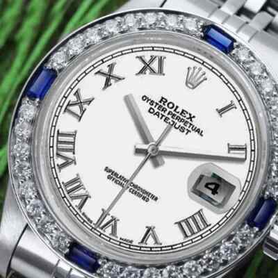 Rolex 26mm Datejust White Roman Dial Diamond/Sapphire Bezel Women's SS Watch