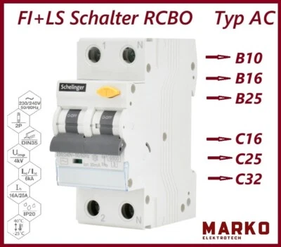 SCHELINGER FI/LS-Schalter RCBO Leitungsschutzschalter Fi-Schalter Kombination 10-32A TypAC
