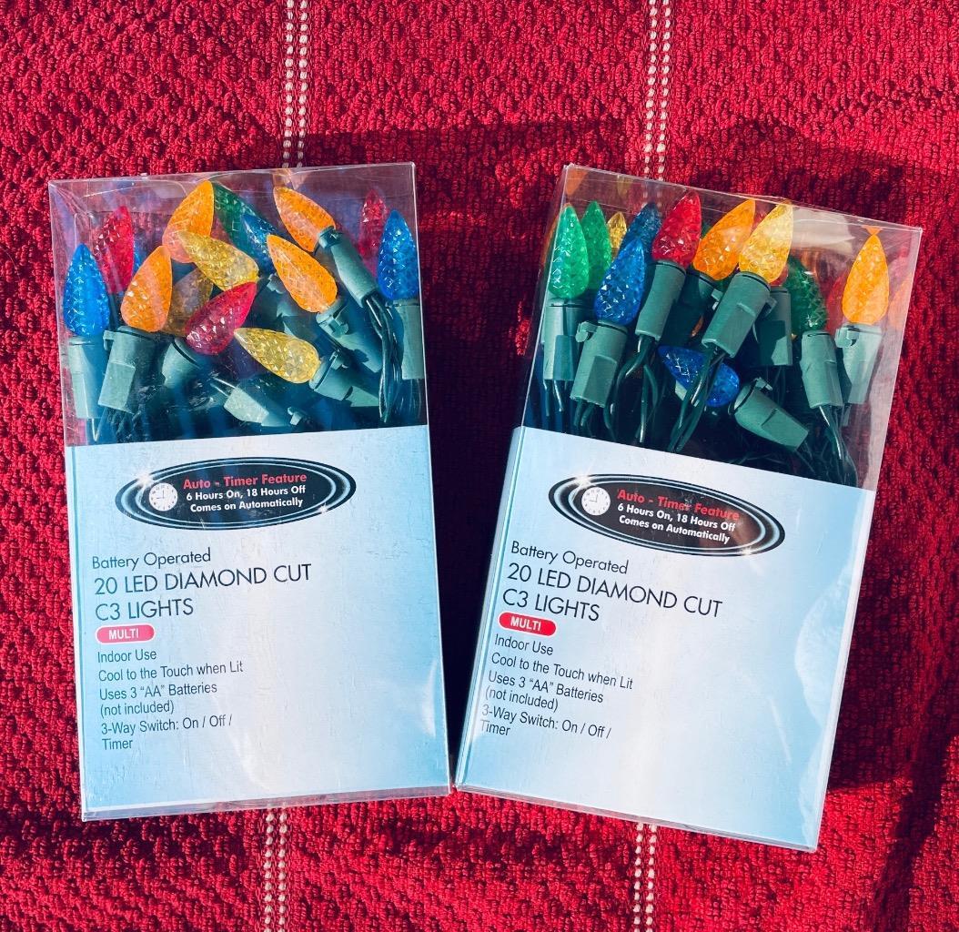 2x Everstar Battery Operated 20 ct LED Diamond Cut C3 Light String TIMER FEATURE