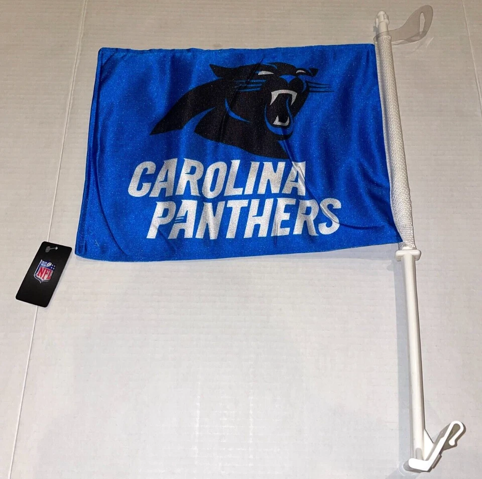 CAROLINA PANTHERS LOGOTIPO AZUL con TEXTO 11X14 blanco bandera de coche GENUINO NFL con licencia EE. UU. Foto 2 de 4