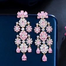 Long Tassel Flower Drop Pink Cubic Zircon Earring Women 925 Silver Party Jewelry