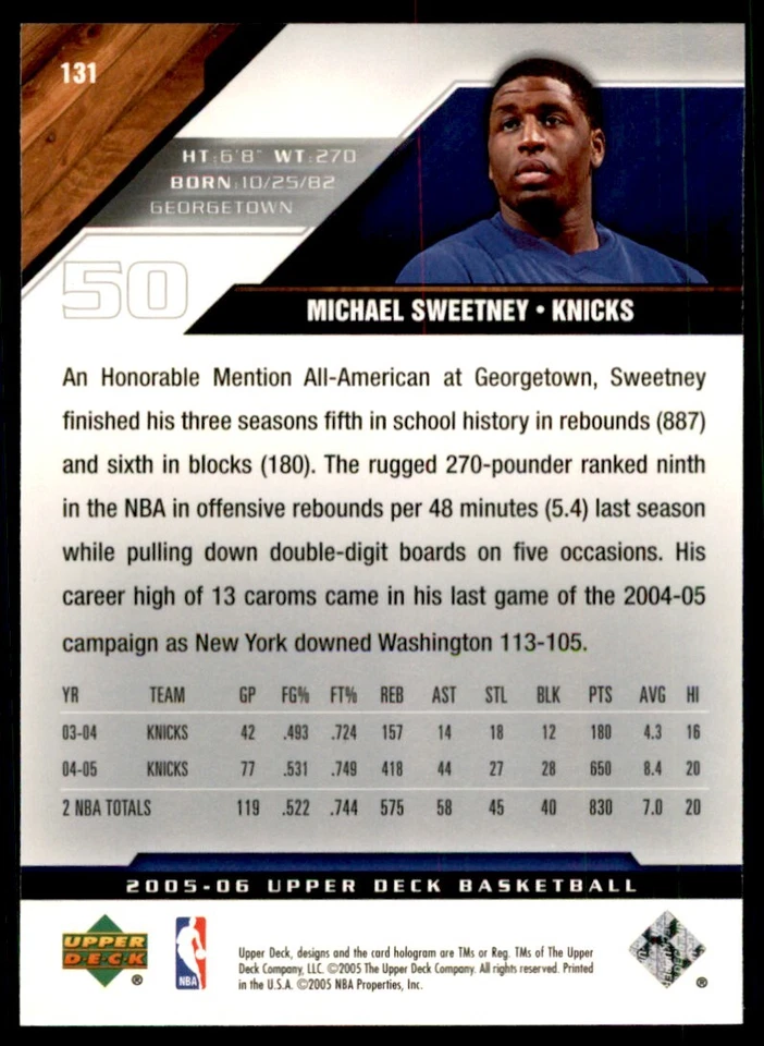 2005-06 Upper Deck: Michael Sweetney A Basketball Cards #131 - Image 2 of 2