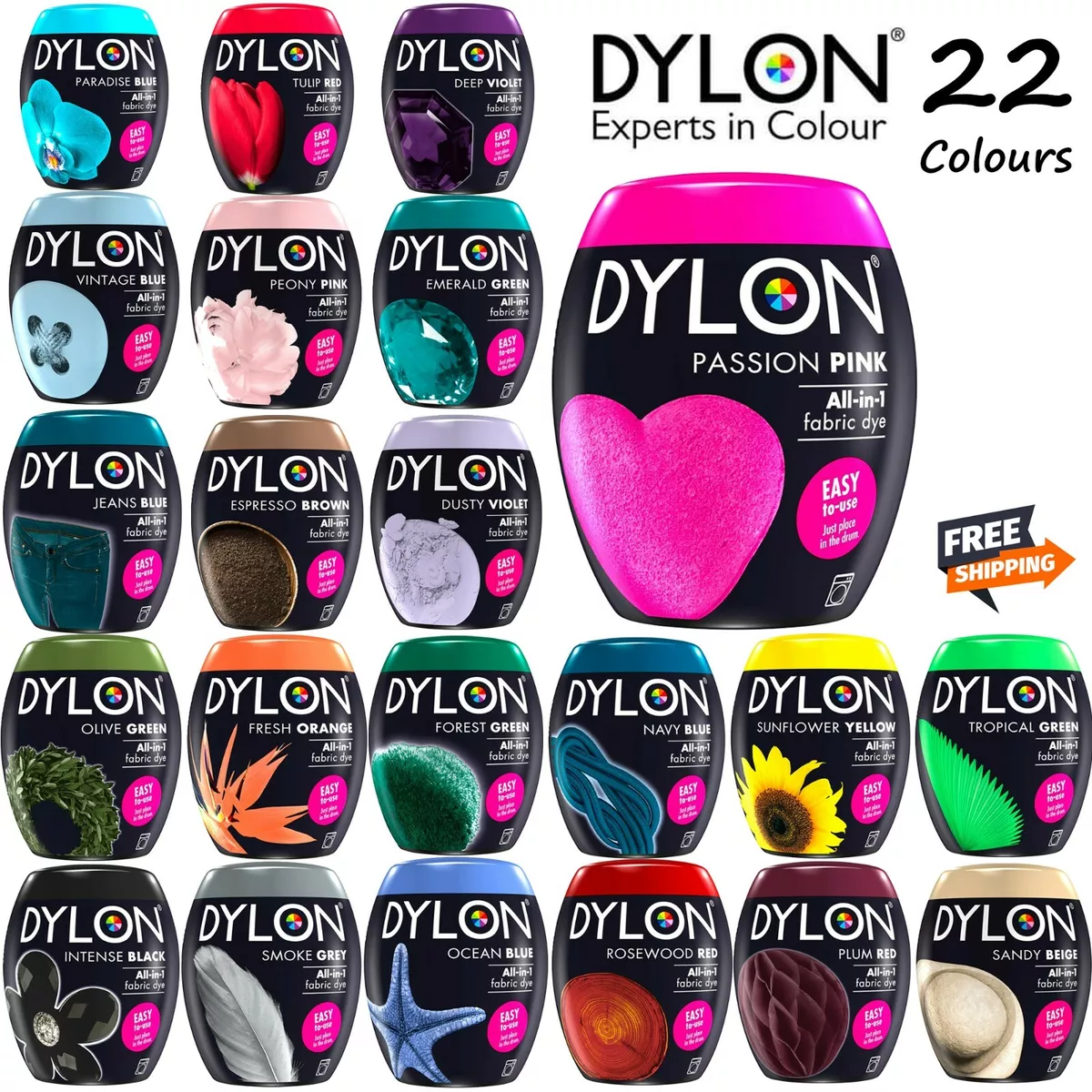 Dylon Machine Washing Fabric & Clothes Dye Pod Textile 350g Powder 22  Colours