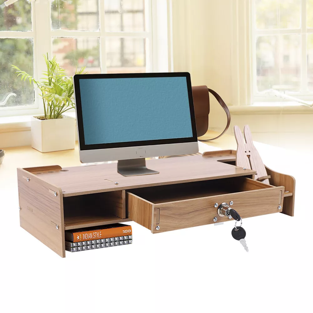 Wood Monitor Stand Riser with Storage Drawer Desk Laptop Organizer Stand Riser