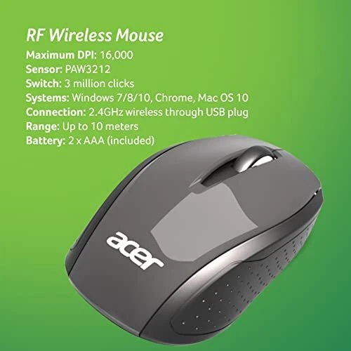 Acer RF Wireless Mouse (Gray/Black), Works with Chromebook, with USB Plug and Pl - Image 2 of 4