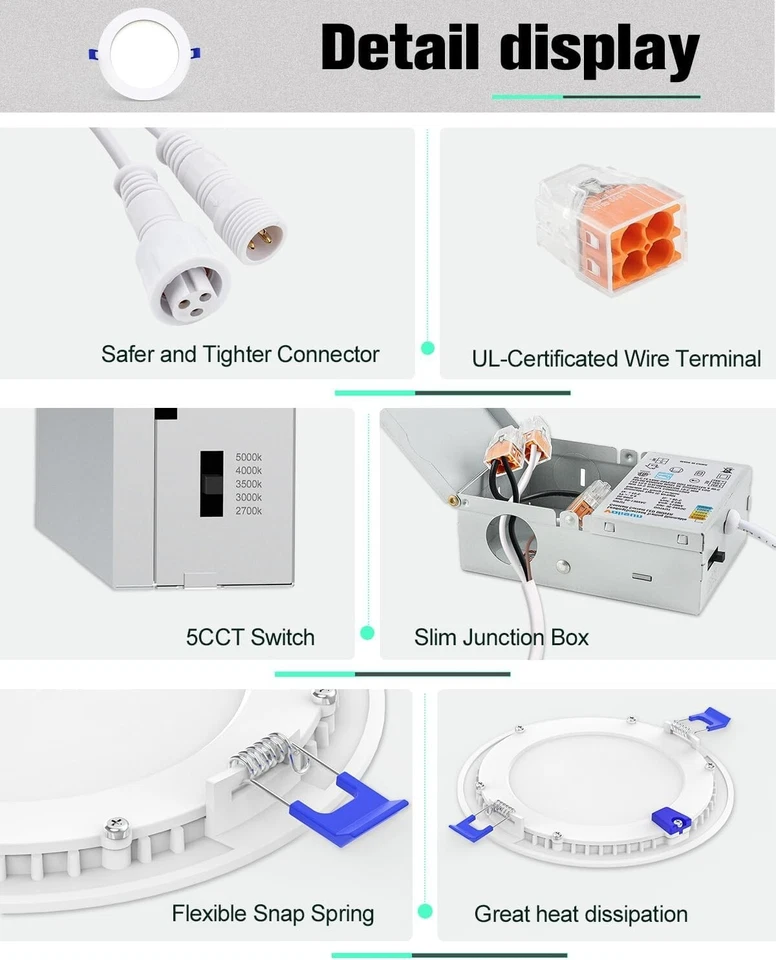 12 Pack 4 Inch 6 Inch 5CCT Ultra-Thin LED Recessed Ceiling Light Junction Box - Image 4 of 4