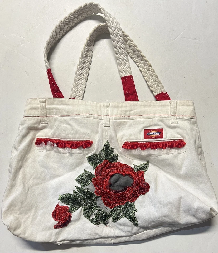 Dickies Foral Roses Reworked Custom Stitched Recycled Tote Bag White / Red - Image 2 of 4